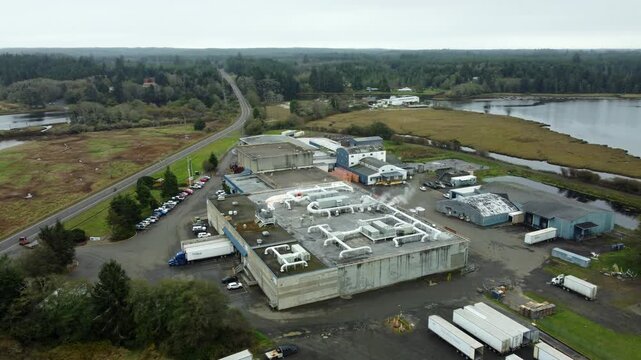 US, WA, Markham, 2025-10-28 - Drone view of the Ocean Spray Cranberry factory