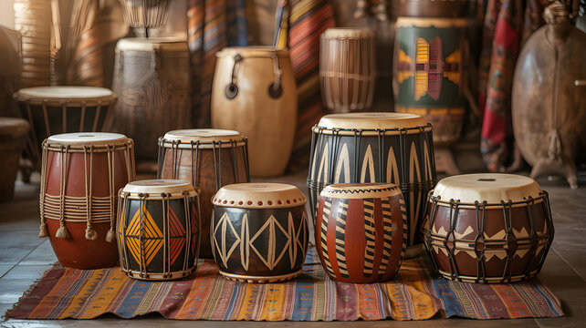 Collection of traditional african drums and percussion instruments in a studio setting