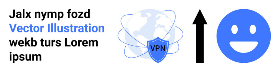 Cybersecurity, data protection, VPN services, internet growth, user privacy, secure web access. Shield with VPN text, upward arrow happy face. Cybersecurity and data protection theme