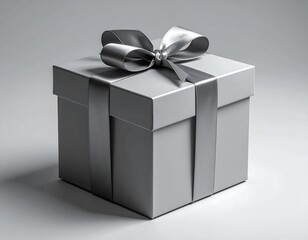 Obraz premium A square silver gift box is tied with a matching ribbon and bow, resting on a white surface