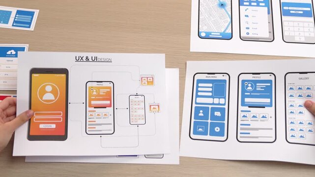 Startup company employee planning for user interface prototype for mobile application or website in office with model of program on desk. UX UI designer consider user friendly interface plan. Synergic