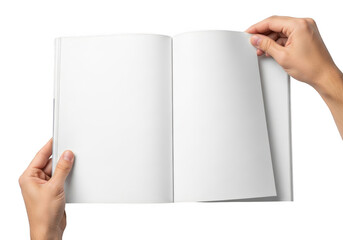 Obraz premium Hands holding open blank magazine isolated on transparent background