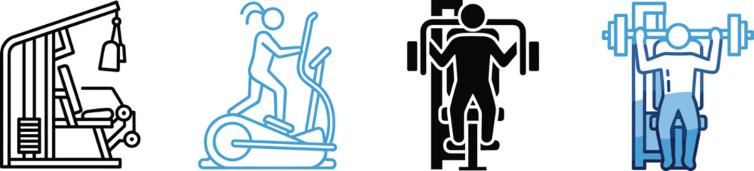 Gym Equipment and Workout Icons – Isolated on Transparent Background Fitness Exercise Machine Vector Set