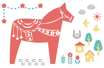 ダーラナホースのイラストと北欧風の可愛いアイコンセット