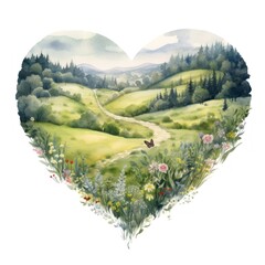 Fototapeta premium Heart watercolor meadow landscape outdoors nature.