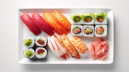 Ultra realistic top down view of assorted Japanese sushi platter featuring fresh nigiri maki roll sashimi slice presented plain white background clean minimal styling perfect culinary stock