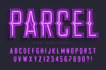 Retro circus alphabet design, cabaret, fairy neon lamps letters and numbers.