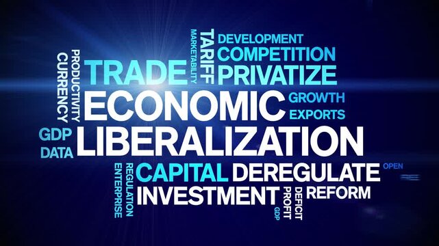 Economic Liberalization animated word cloud-text design animation tag kinetic typography seamless loop.