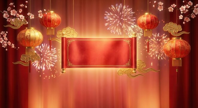 Festive Chinese New Year Lanterns Fireworks and Blossoms Display. - Powered by Adobe
