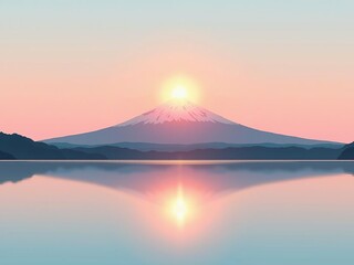 湖に映る富士山と朝日の美しい風景イラスト