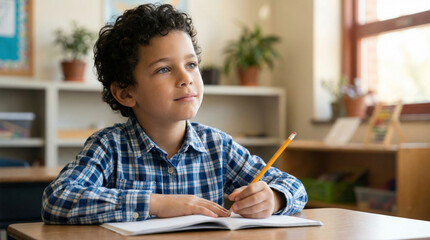 Young schoolboy sitting at a desk in a bright classroom, holding a yellow pencil in his right hand over an open notebook as if daydreaming while writing