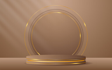 Brown podium has a brown round shape and elegant gold lines on the back for advertisement display. Cosmetic product display. Stage or podium. vector illustration	