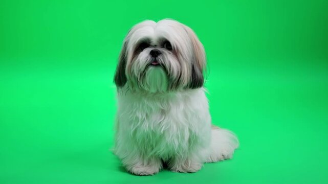 Cute shih tzu dog sitting on green background looking up