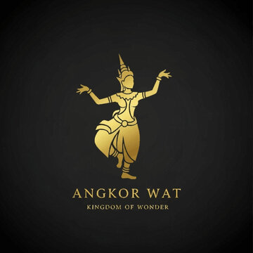 Golden silhouette of an Apsara dancer, a traditional Cambodian celestial nymph, with Angkor Wat text below, on a dark background.