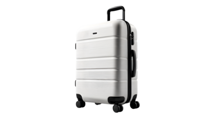 A modern white hardshell suitcase with spinner wheels on a black background isolated on white background