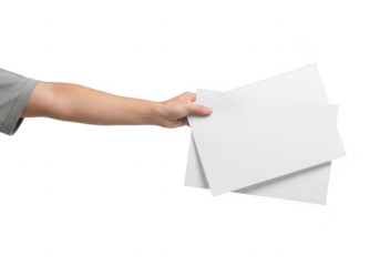 Hand holding two blank white sheets of paper isolated on transparent background