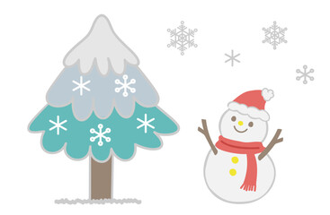雪が積もった木と雪だるまのイラスト
