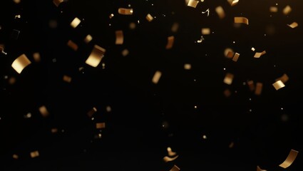 Golden confetti pieces floating against dark backdrop ideal for celebration graphics New Year themes and glamorous festive artwork