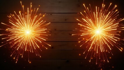 Sparkling fireworks effect from twin sparklers on rustic wood background ideal for festivity promotions event invitations and New Year aesthetic designs