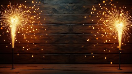 Glowing twin sparklers on wooden surface creating warm festive light perfect for celebration graphics New Year themes and party decoration visuals