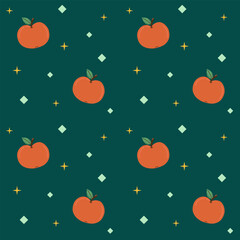 Seamless pattern with apple on green background. Autumn and harvest concept. Flat style vector illustration.