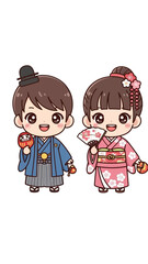 Kawaii Couple in Traditional Japanese Kimono and Hakama