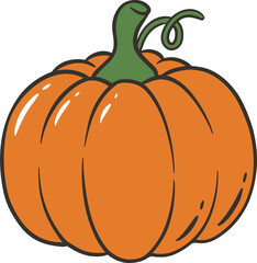 A cartoon pumpkin with a green stem and vine
