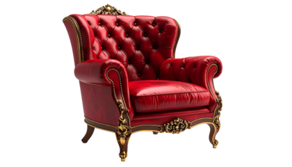 Red leather armchair, ornate trim