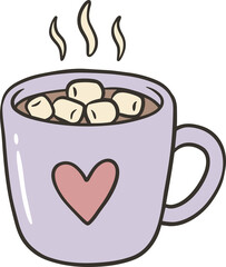 A purple mug with a heart design and hot chocolate with marshmallows
