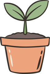 A small green seedling with two leaves grows from dark soil in an orange terracotta pot