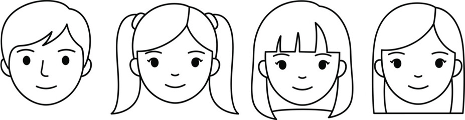 Kids Face Outline Icons – Isolated on Transparent Background Cute Children Line Vector Illustration