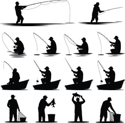 Fototapeta premium Collection of fisherman silhouettes in various poses