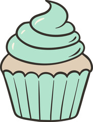 A stylized cartoon cupcake with pale blue frosting and a pale green wrapper