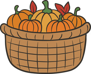 A woven basket overflowing with pumpkins and a few autumn leaves