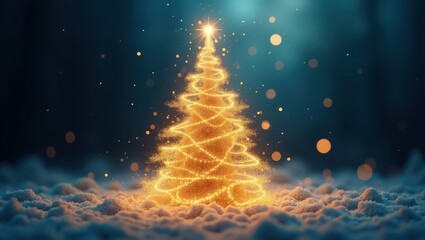 Sparkling Christmas tree design with glowing light trails against dark backdrop ideal for holiday greetings winter advertisements and magical festive imagery