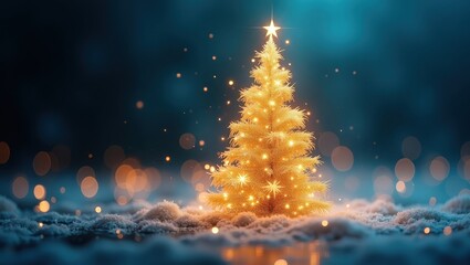 Elegant golden swirl Christmas tree with glowing bokeh effects perfect for seasonal promotions celebration art and Christmas-themed visuals