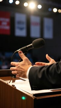 Confident speaker delivering address at podium during conference event with engaged audience.