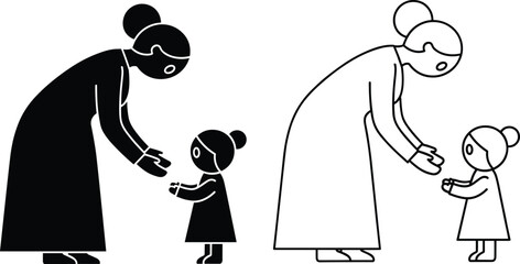 Mother and Child Interaction Icons – Isolated on Transparent Background Silhouette and Line Vector Illustration