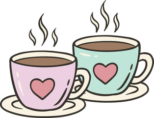 Two steaming cups of coffee sit on saucers