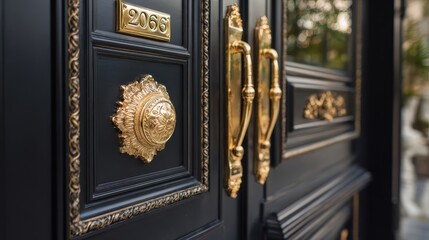 A close up of a black door with gold handles