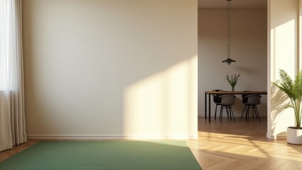 Contemporary room with soft sun shadows wooden furniture and open space perfect for decor marketing real estate material and minimalist design themes