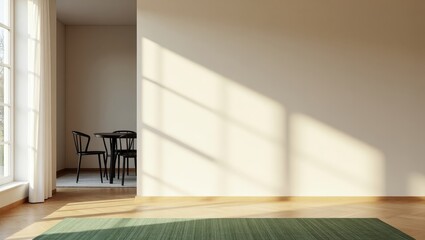 Elegant minimalist interior with sunlight reflections on wall and dining furniture ideal for home inspiration architecture photography and modern visuals