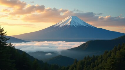 Majestic Mount Fuji at sunrise with glowing sky clouds and valley view ideal for travel promotions scenic landscape photography and Japan tourism visuals