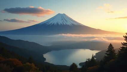Scenic panoramic view of Mount Fuji during sunrise with soft clouds and forest foreground suited for tourism posters outdoor adventure branding and landscape art