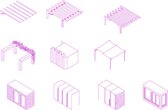 Purple isometric architecture elements and structures on white background CAD Architectural Drawings