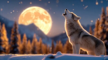 A wolf howls at the full moon in a snowy forest landscape with mountains