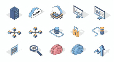 Comprehensive Isometric Icon Collection for Modern Digital Technology, Data Analytics, Cloud Computing, and Artificial Intelligence Solutions