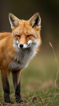 Fox in a sunlit meadow: alert vulpine face among grass and leaves.