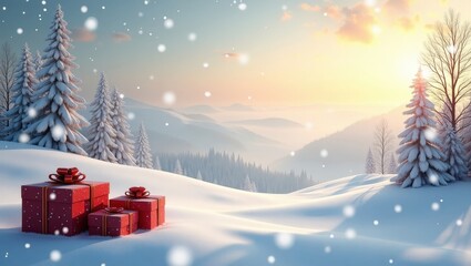 Calm winter wonderland with gift boxes in snow under warm sunrise atmosphere great for Christmas marketing posters greeting cards and festive creatives