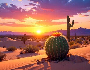 Desert landscape features cacti under a colorful, radiant sunset